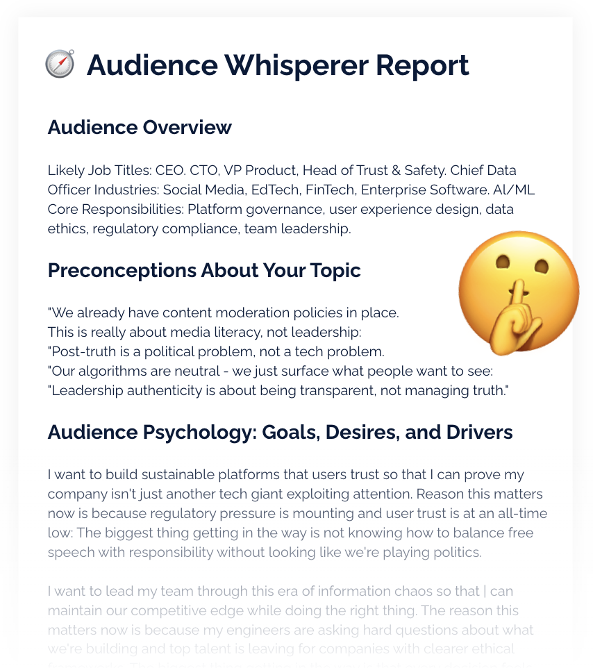 Screenshot of the Audience Whisperer Report showing AI-generated audience analysis including job titles, industries, preconceptions, and audience psychology insights
