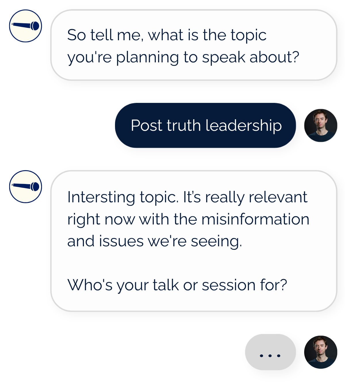 Screenshot of the Audience Whisperer chat interface. A user types 'Post truth leadership' and the AI responds with a follow-up question about their audience.